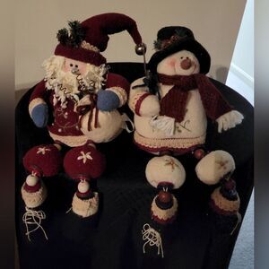 Set of 2 - Plush Santa & Snowman Sitting with Dangle Legs (Beads and Buttons)